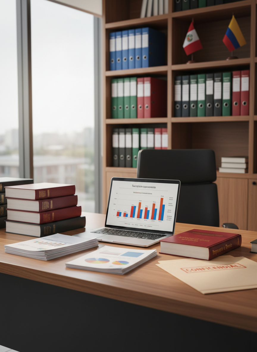 A meticulously organized wooden desk in a modern law office, covered with neatly stacked tax law books, printed reports, and a slim open laptop showing a bar chart of corporate taxes. A bound volume labeled “Impuesto a la Renta” lies in sharp focus beside a stamped folder marked “Confidencial”. In the background, out of focus, tall shelves hold color-coded legal binders and a small Peruvian and Colombian flag on a polished metal base. Soft morning daylight filters through a large window, creating clear, professional shadows and subtle reflections on the desk’s varnished surface. Photographic realism, eye-level composition with a shallow depth of field, clean and modern aesthetic, conveying rigor, precision, and professional calm for a tax law blog header image.