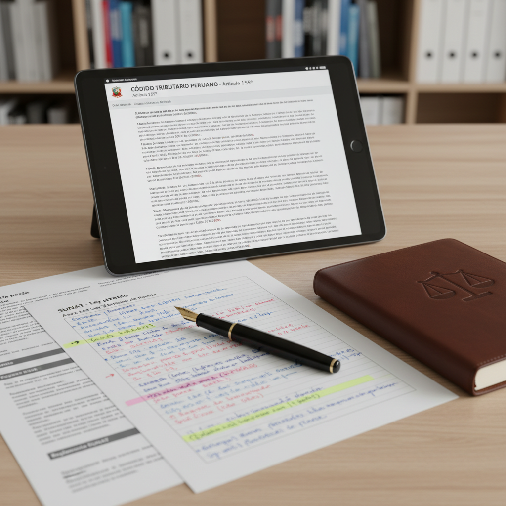 A close-up photographic view of an elegant workspace featuring a dark graphite tablet displaying a detailed tax code article in Spanish, surrounded by printed pages with highlighted sections referencing SUNAT regulations. A sleek fountain pen rests diagonally across a margin full of handwritten annotations, next to a leather-bound notebook embossed with a minimalist scales-of-justice icon. The surface is a light oak table with fine grain visible. Neutral studio lighting from the left creates crisp, legible contrast without harsh shadows, evoking a focused, analytical mood. Shot from a slightly elevated angle with rule-of-thirds composition, the background gently blurs into indistinct office shelves, maintaining a professional, contemporary tax-law aesthetic for an article thumbnail.