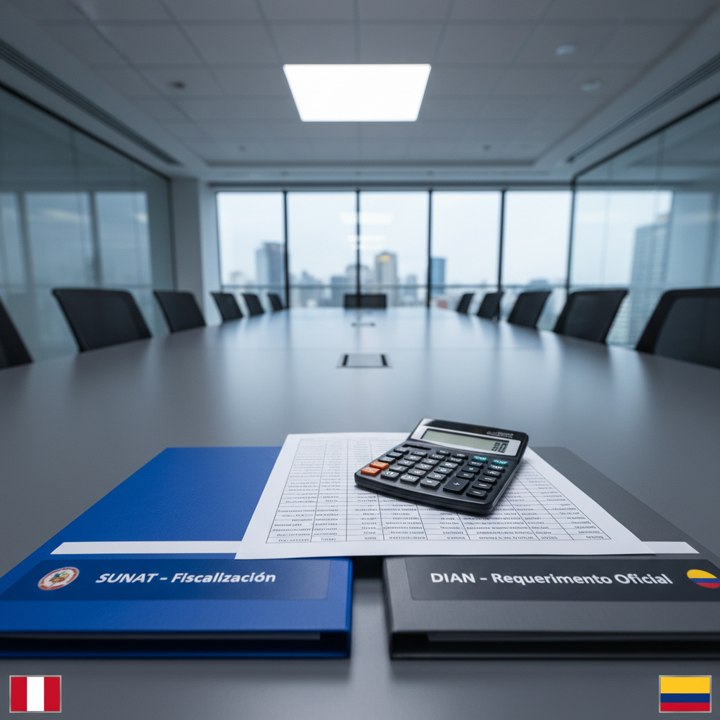 A high-resolution photographic scene of a conference table prepared for a fiscal analysis meeting, featuring two neatly arranged folders titled “SUNAT – Fiscalización” and “DIAN – Requerimiento Oficial” in bold lettering. Between them, a printed spreadsheet displays columns of cross-border transaction values with a calculator placed precisely on top. Discreet flags of Peru and Colombia, rendered as small metallic emblems, sit near the document corners. Cool, diffused overhead lighting from a modern panel ceiling illuminates the matte gray table surface, creating a calm, objective atmosphere. Captured at eye level with a wide aperture, the foreground documents are razor sharp while the far end of the table and glass walls blur softly, conveying seriousness and technical depth in a clean, corporate style.